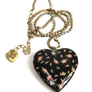 VINTAGE BETSEY JOHNSON ROSE HEART AND RHINESTONE CHAIN NECKLACE